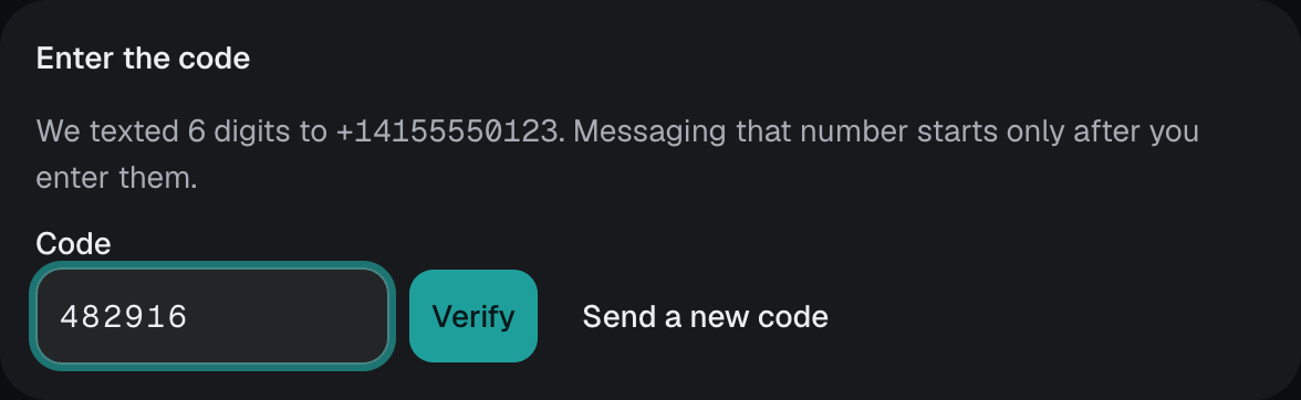 The Enter the code step: text saying we texted 6 digits to the number, a Code field filled with a 6-digit code, a Verify button and a Send a new code button.